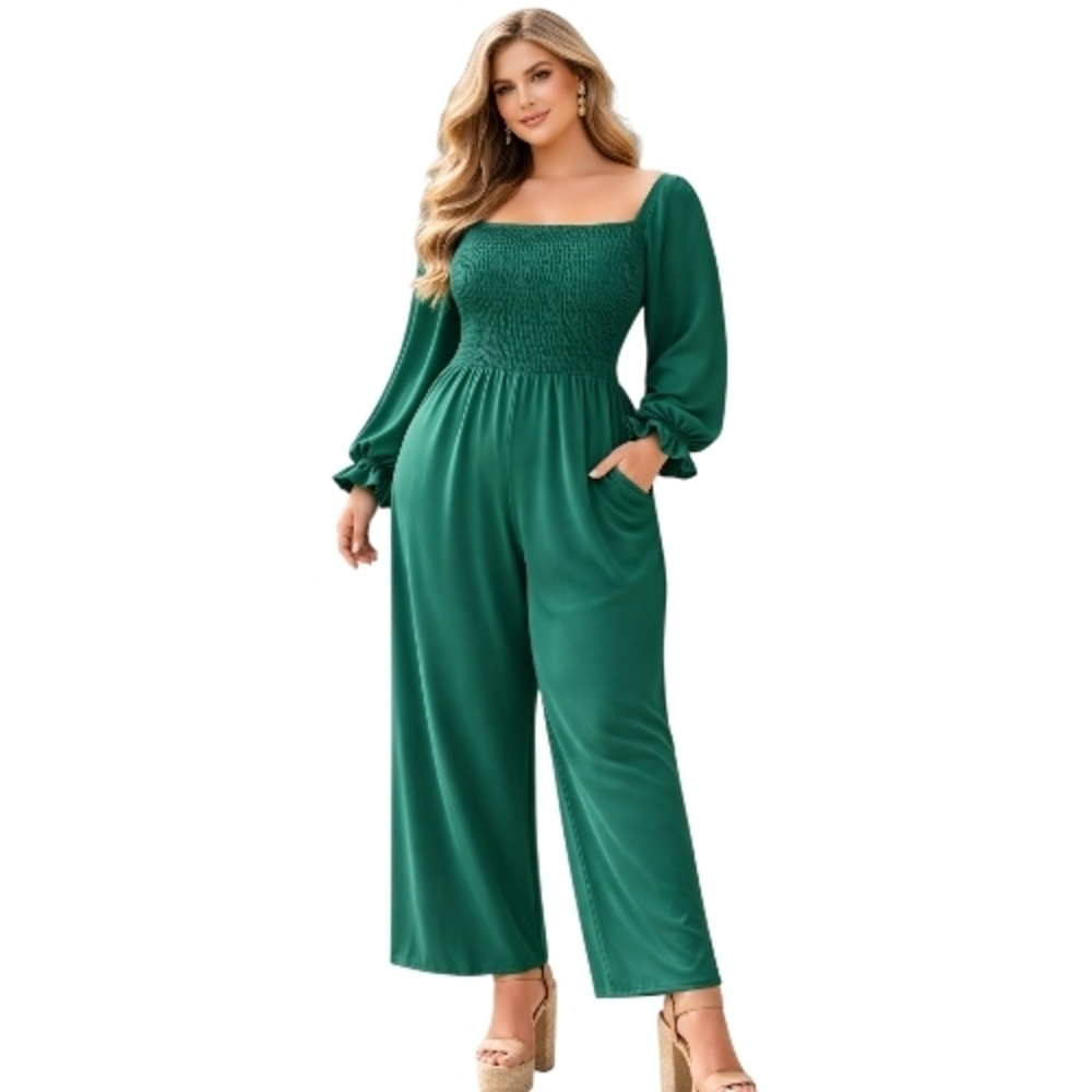 Boutique Green Smocked Jumpsuit XL Wide Leg Boho.